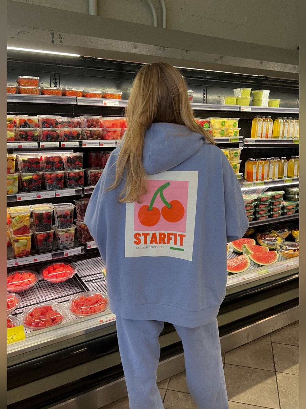 Starfit Cherry Bomb Periwinkle Graphic Pullover Hoodie Size Small